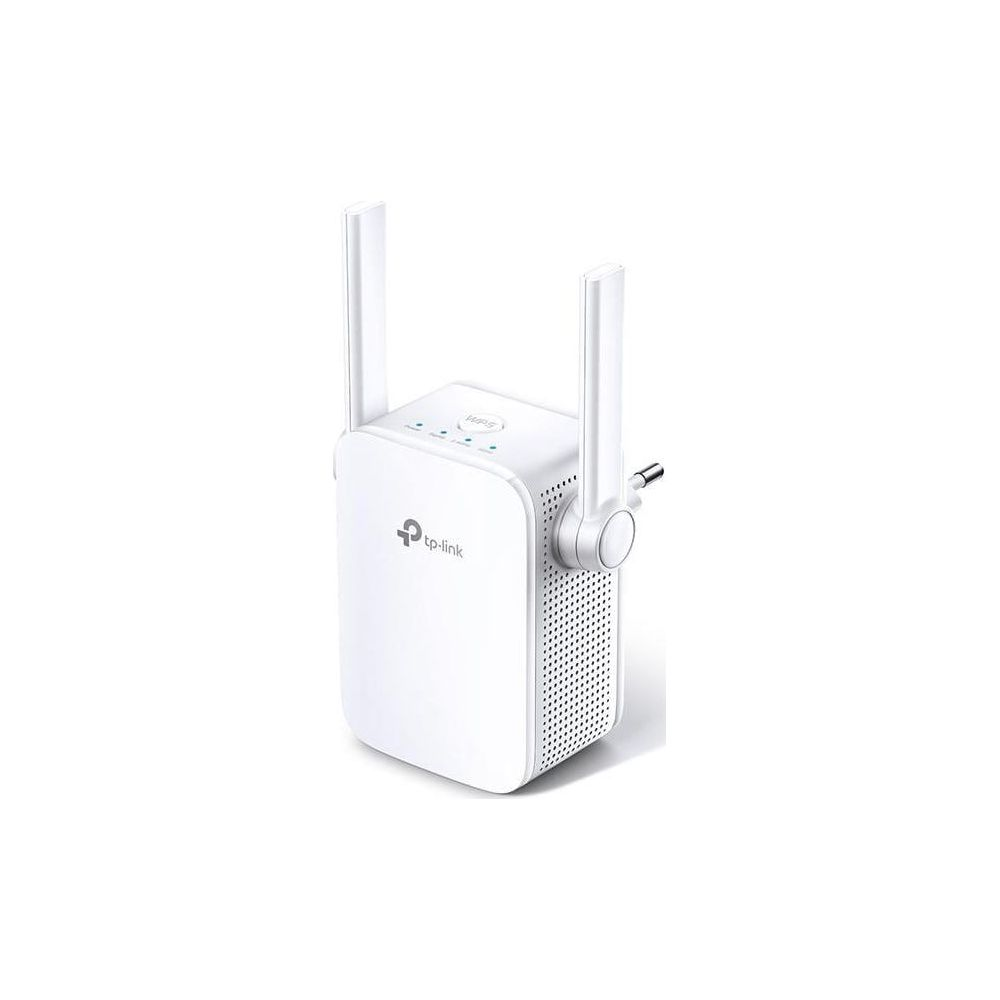 Ein weißer TP-Link WLAN-Repeater mit zwei Antennen und WPS-Taste.