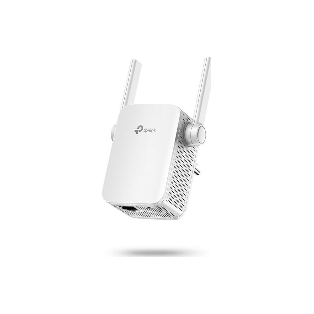 Ein weißer TP-Link WLAN-Repeater mit Antennen auf weißem Hintergrund.