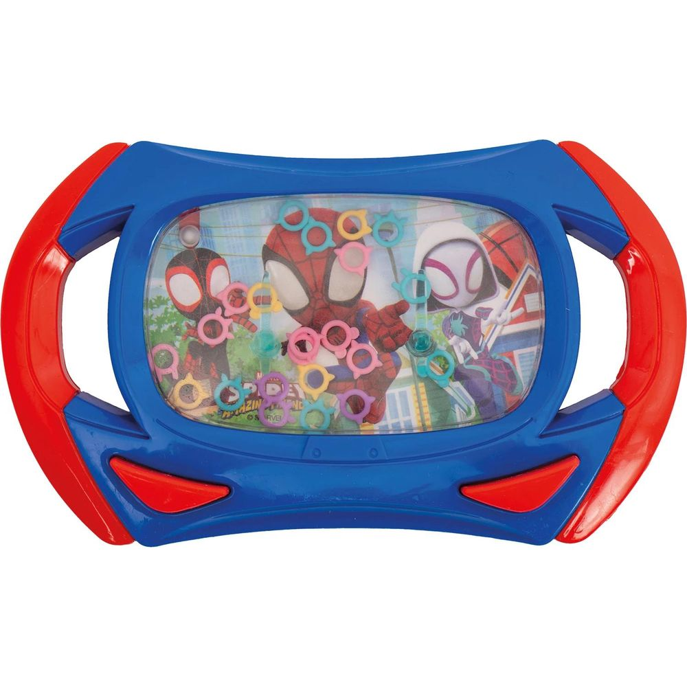 Blaues Wasserspielzeug mit Spiderman-Figuren und bunten Ringen.