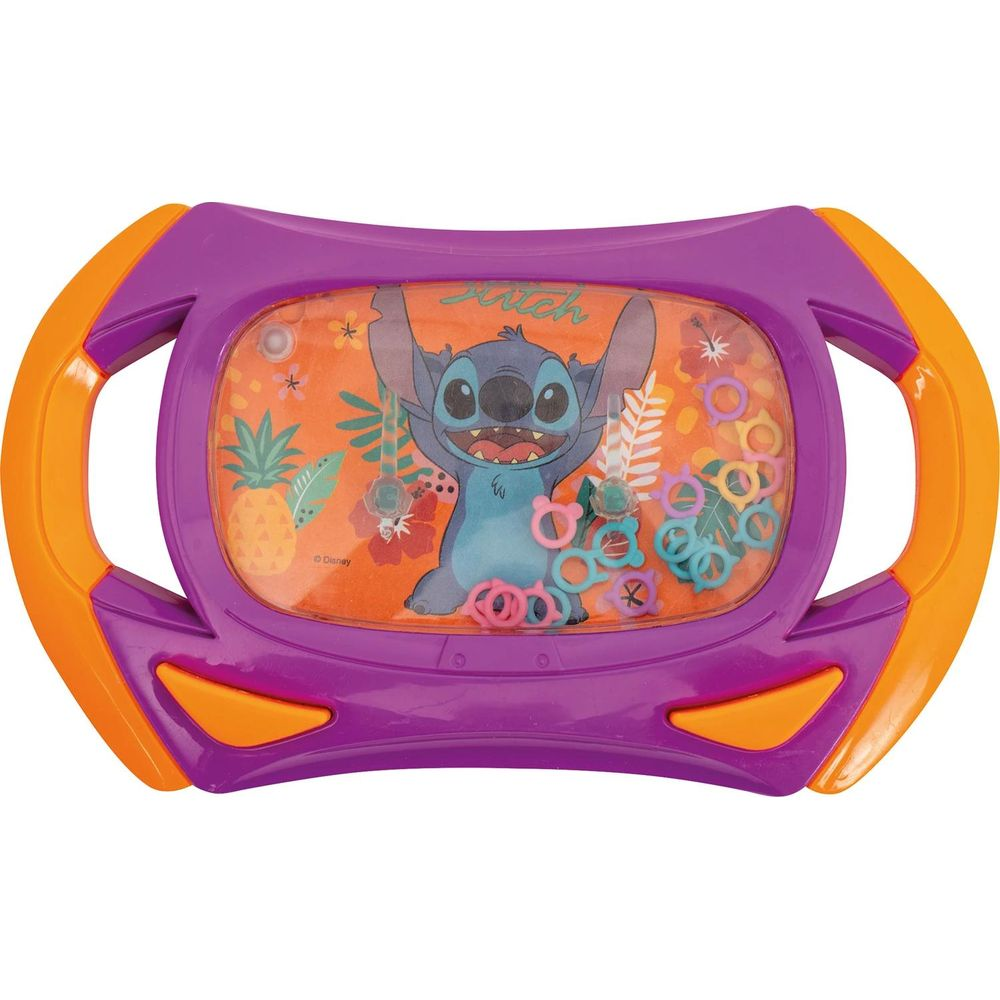Ein lilafarbenes Spielzeug mit orangefarbenen Griffen und Stitch-Motiv mit kleinen Ringen.