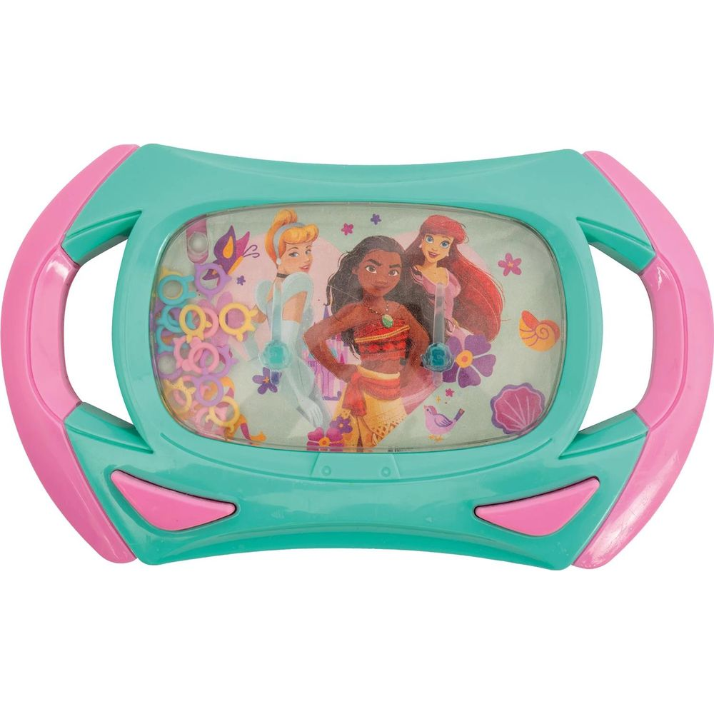 Türkis-pinkes Wasserspielzeug mit Prinzessinnen-Motiv und bunten Ringen.