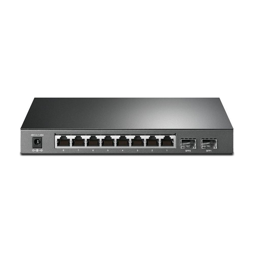 Ein schwarzer Netzwerk-Switch mit acht Ethernet-Ports und zwei SFP-Ports.
