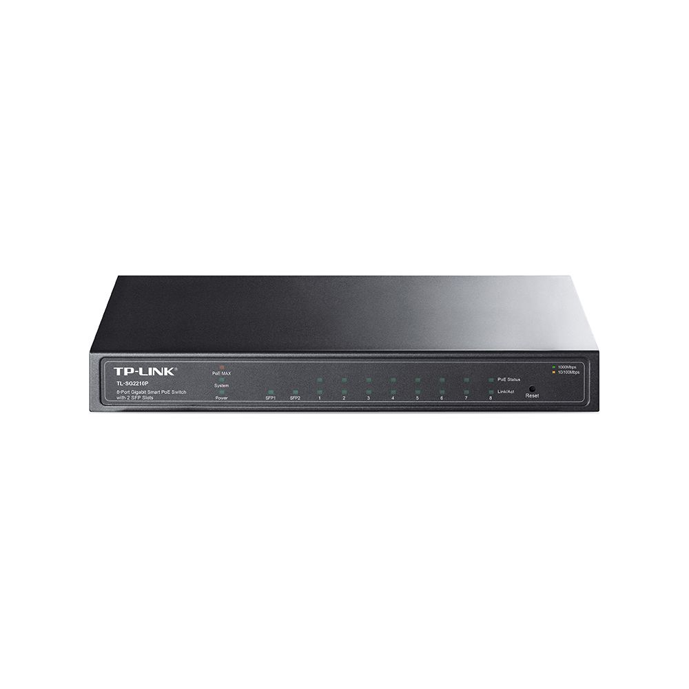 TP-Link 8-Port Gigabit Smart PoE Switch mit 2 SFP-Steckplätzen, Vorderansicht.