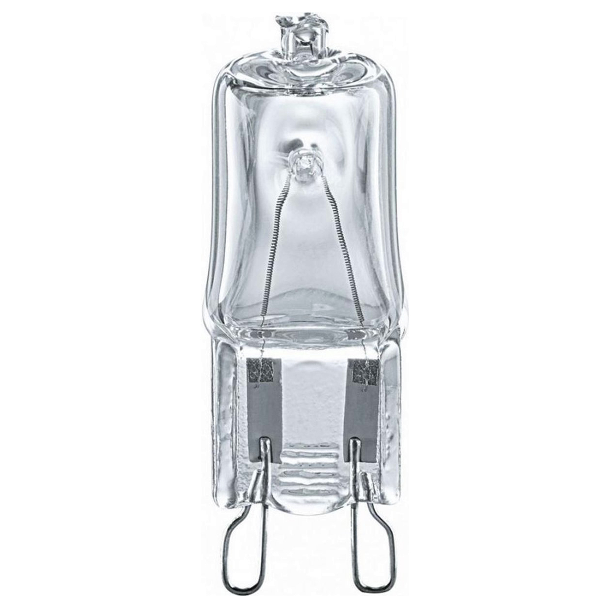 Eine klare Halogenlampe mit zwei Anschlüssen und einem Glühfaden.