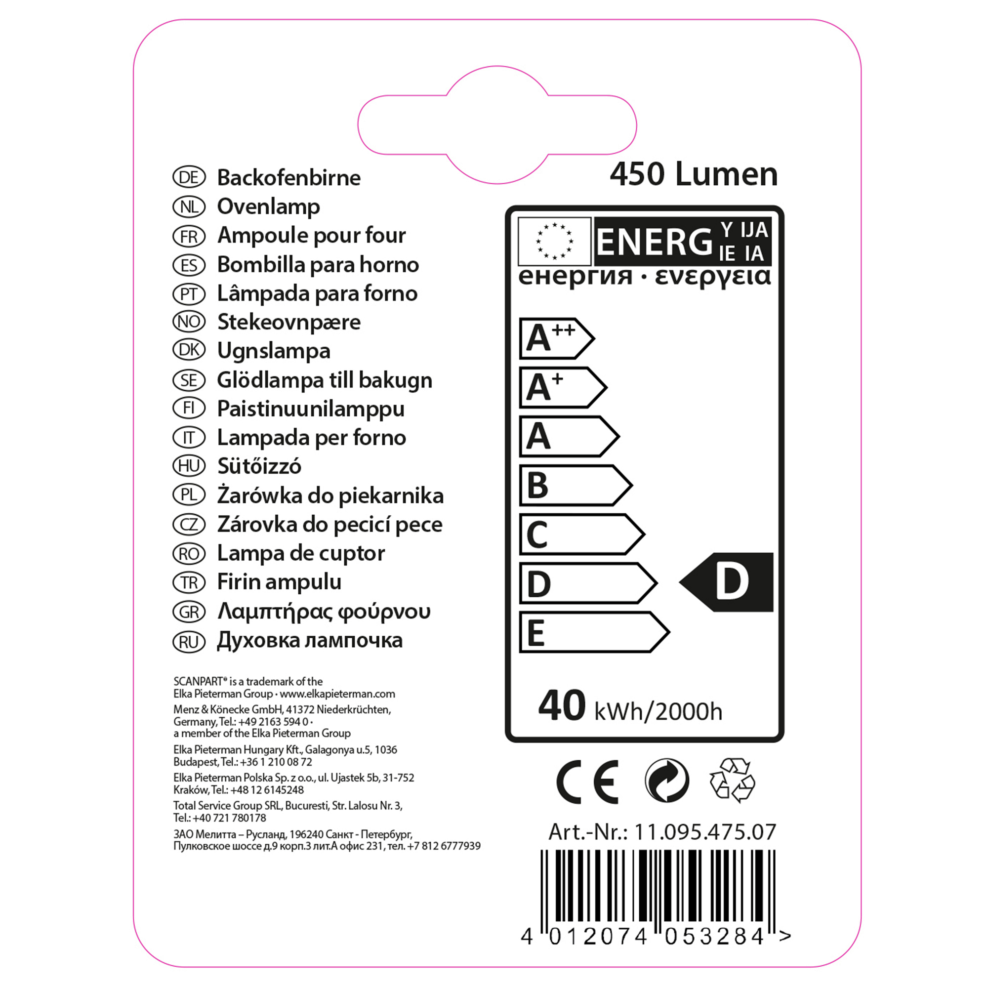 Verpackung mit Energieeffizienzlabel A++ bis E, 450 Lumen und Barcode.