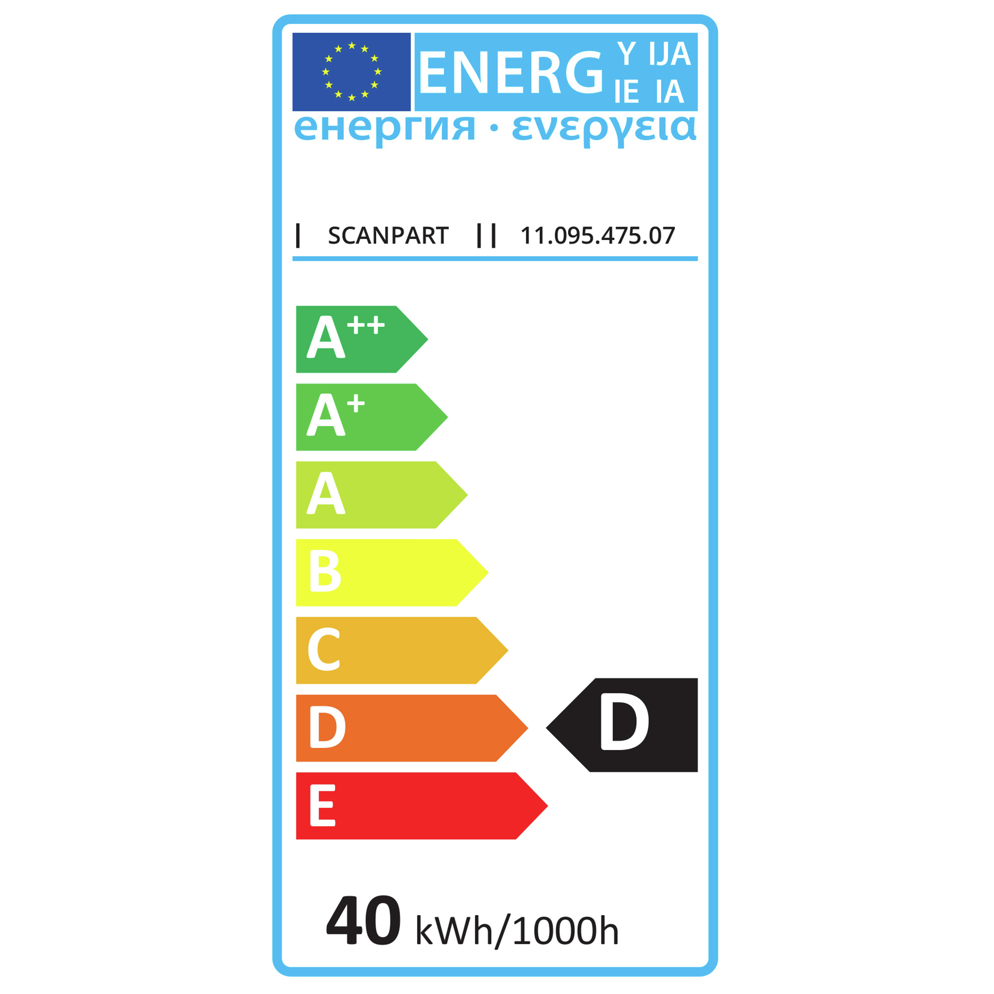 Energielabel mit Skala A++ bis E, Energieverbrauch 40 kWh/1000h.
