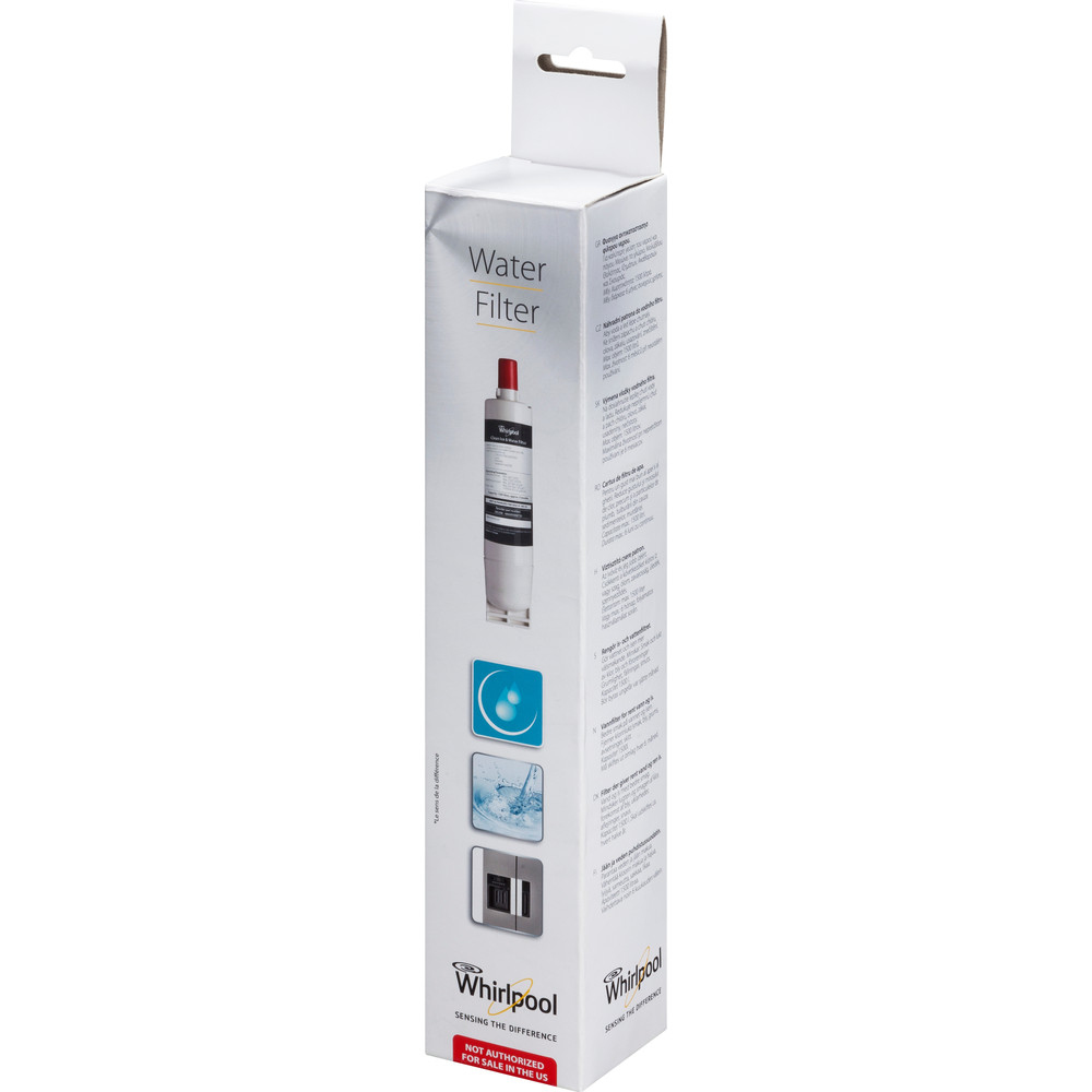 Confezione filtro acqua Whirlpool con testo e immagini prodotto.