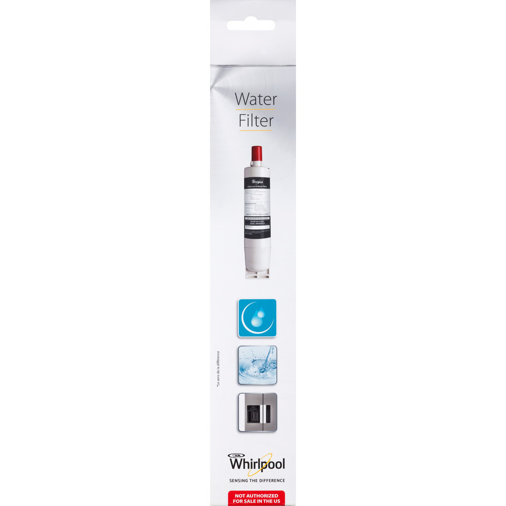 Confezione di un filtro acqua Whirlpool con testo e icone.