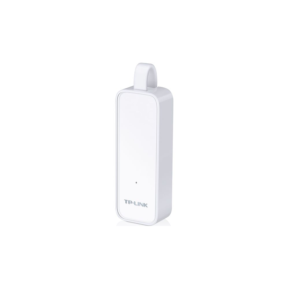 Ein weißer TP-Link WLAN-Adapter mit Schlaufe oben, auf weißem Hintergrund.