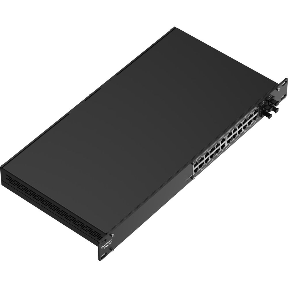 Schwarzer Netzwerk-Switch mit 24 Ports in einem Rackmount-Gehäuse.