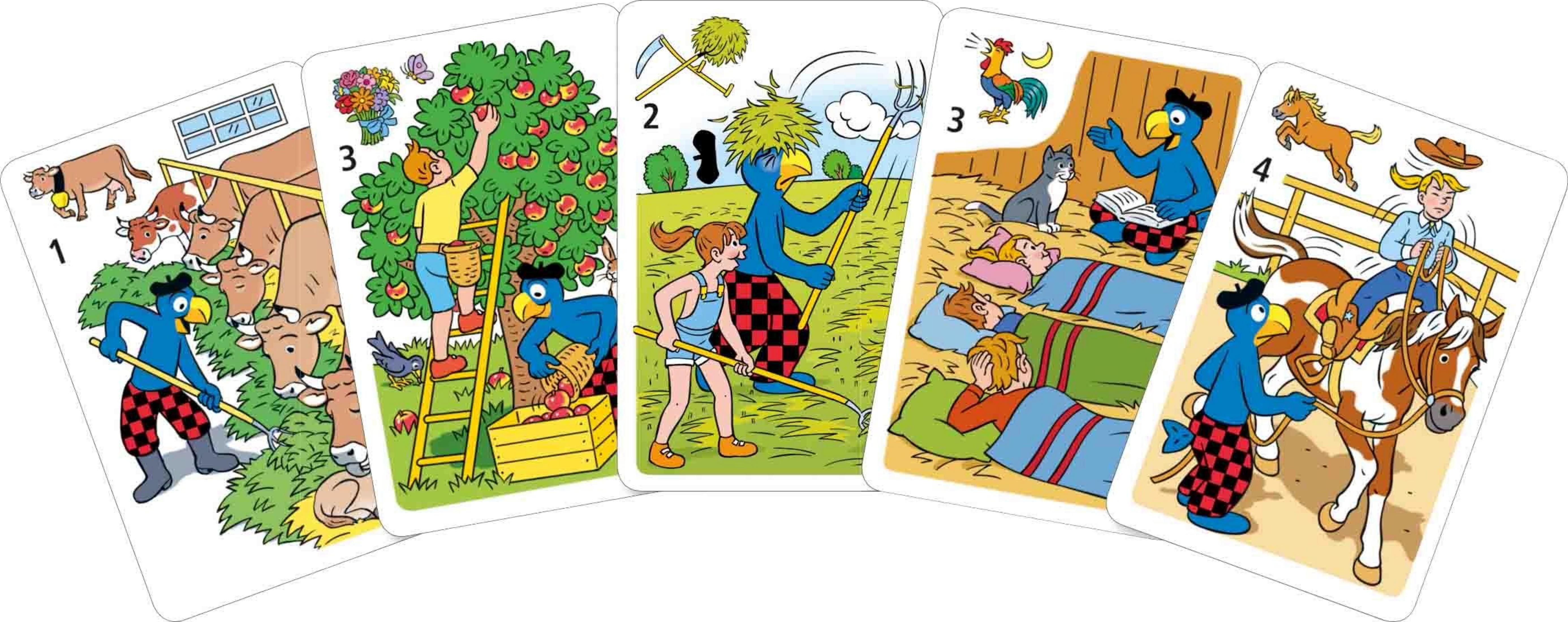 Cartes de ferme : Vaches à l'étable, récolte de pommes, récolte de foin, enfants dormant, équitation.