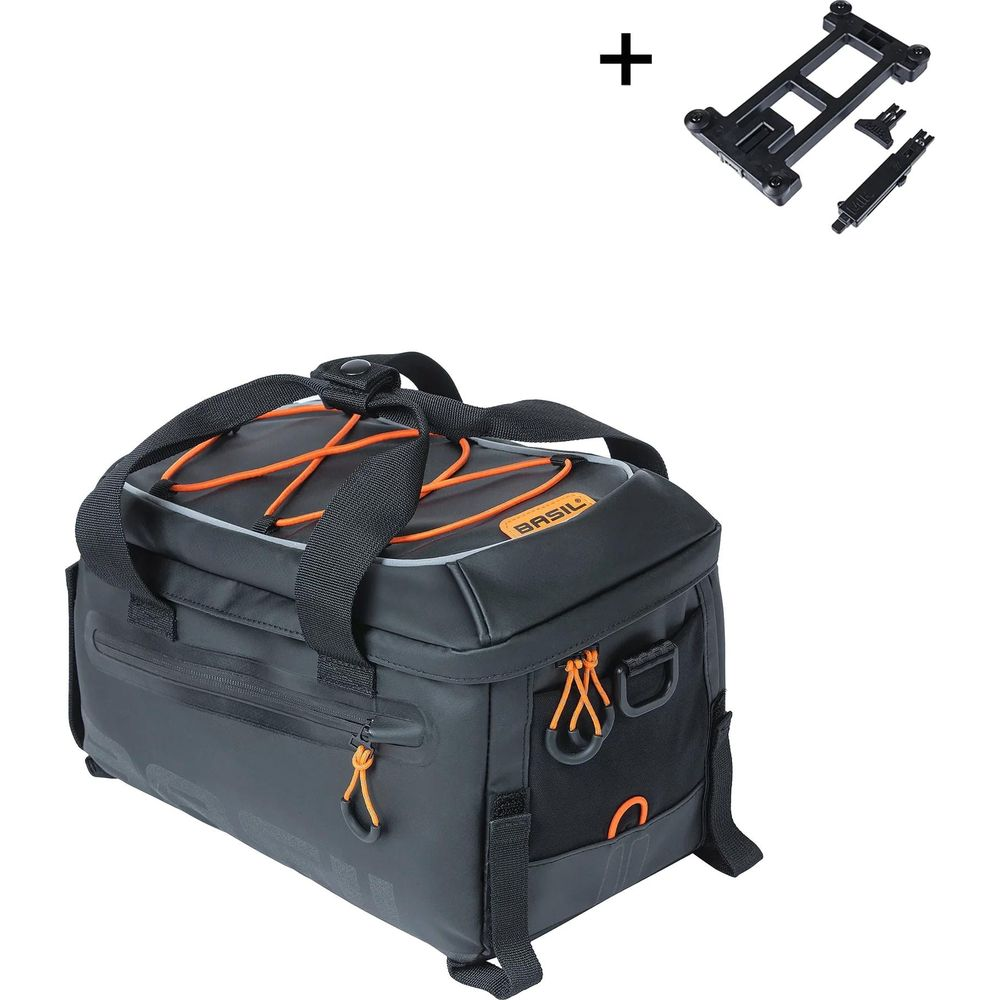 Schwarze Fahrradtasche mit orangefarbenen Akzenten und Befestigungsteilen.