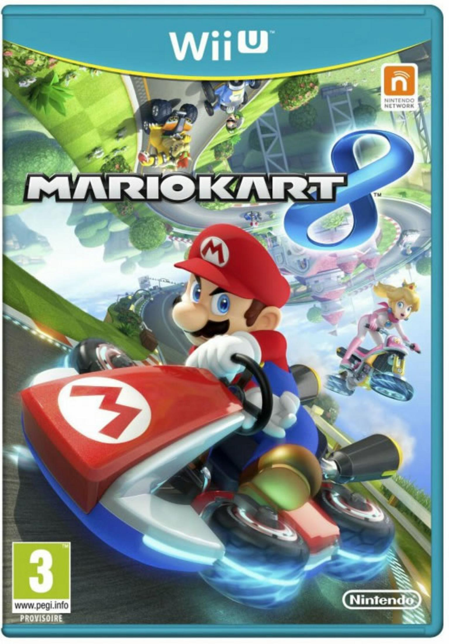 Copertina Mario Kart 8: Mario guida in primo piano, Principessa Peach sullo sfondo.