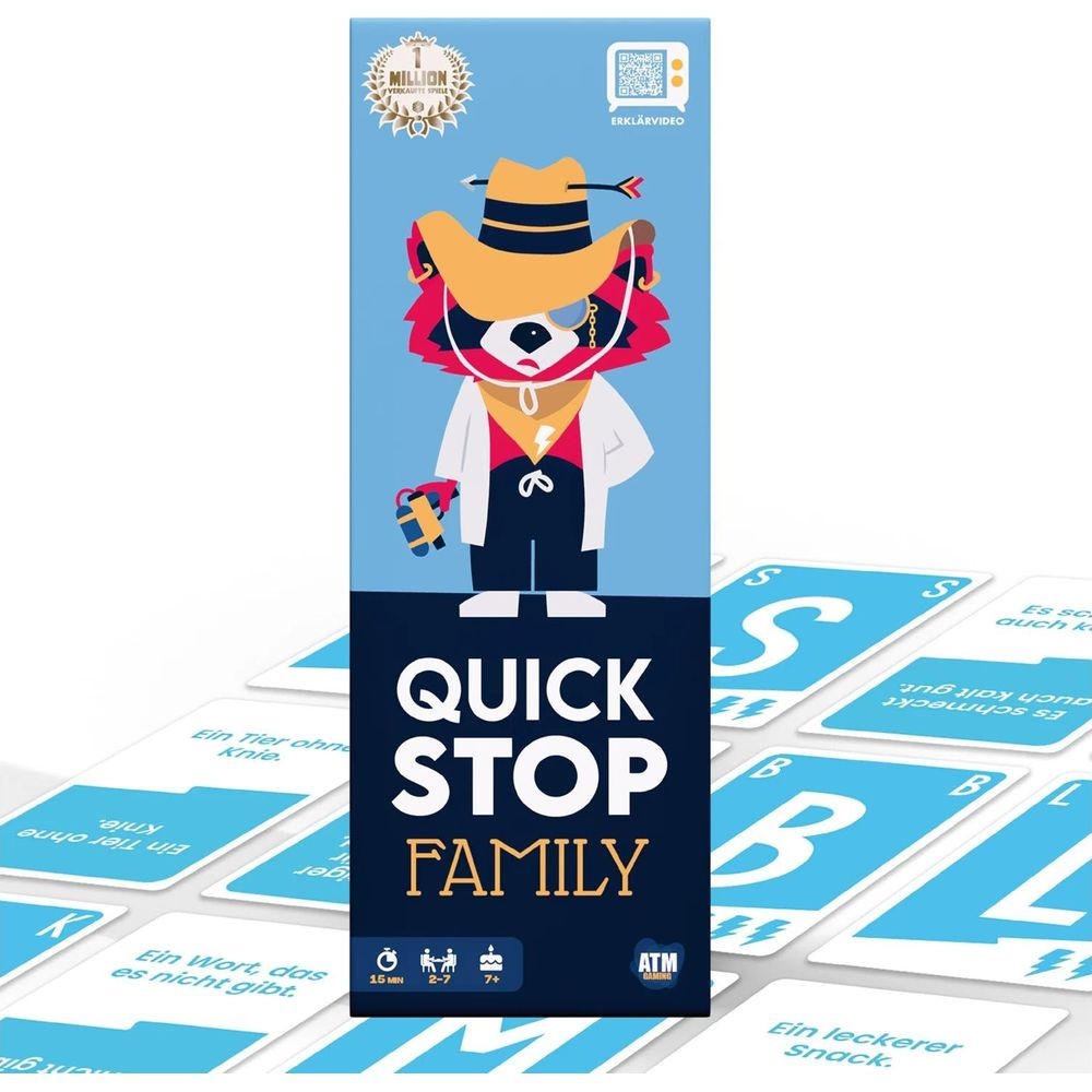 Spielverpackung Quick Stop Family mit Waschbär-Charakter und Spielkarten.