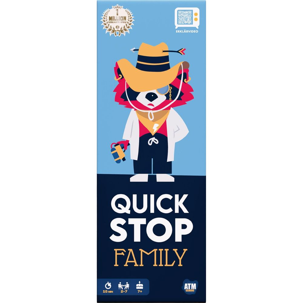 Ein Waschbär mit Hut und Monokel hält eine gelbe Pistole. Spiel "Quick Stop Family".