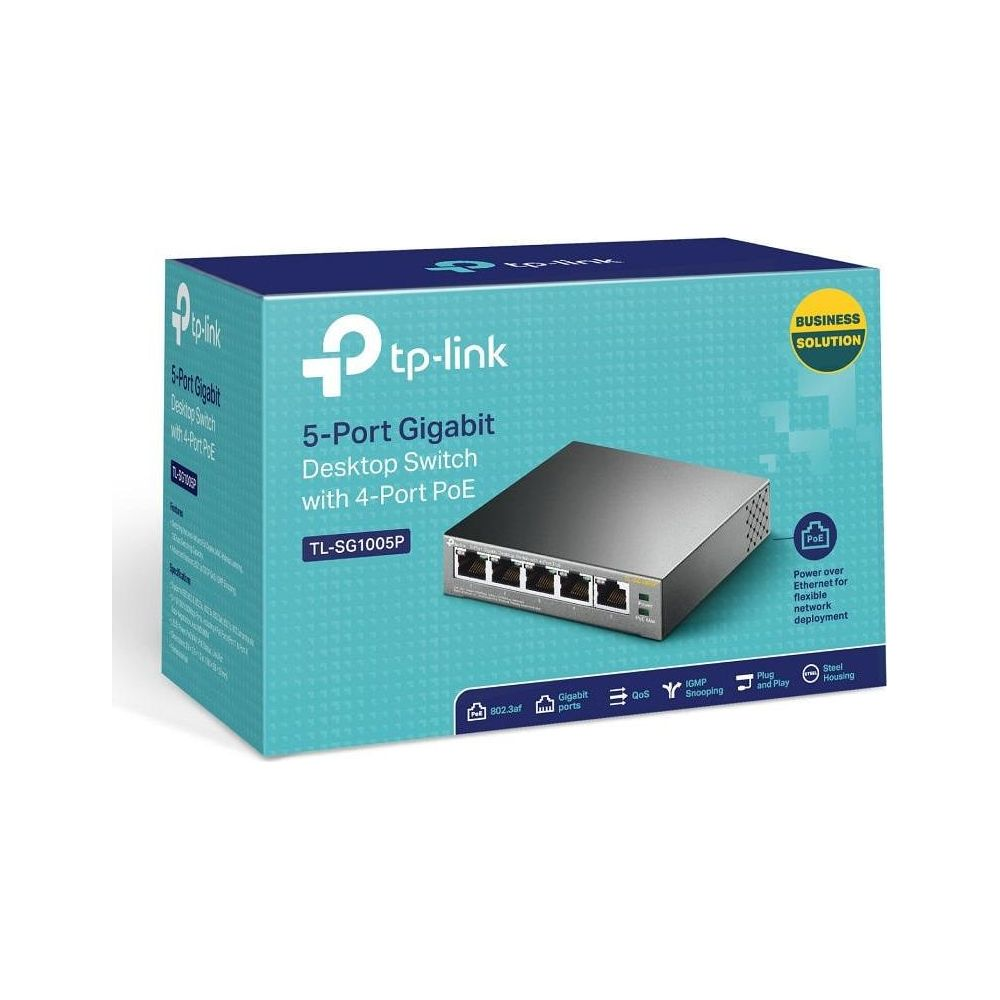 TP-Link 5-Port Gigabit Desktop Switch mit 4-Port PoE auf blauem Karton.