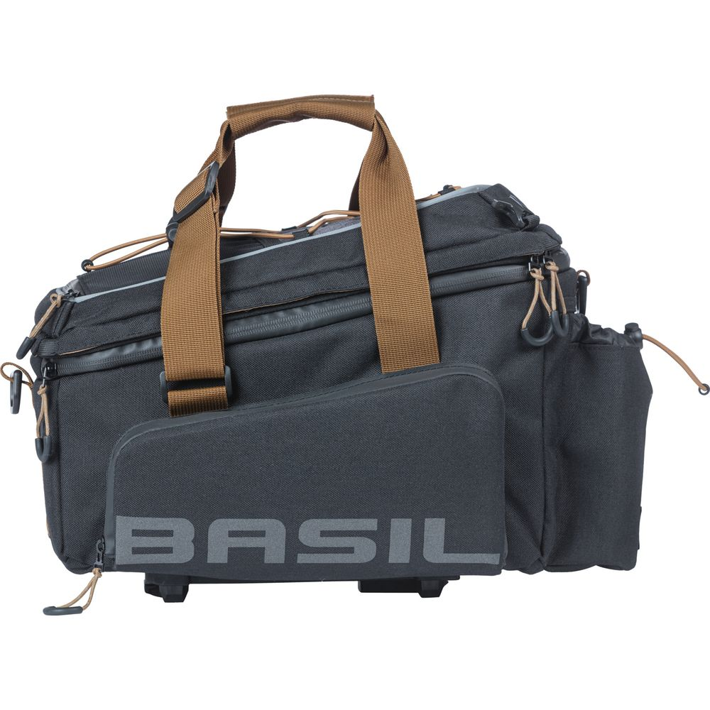 Bolso de bicicleta gris oscuro con correas y cremalleras marrones.