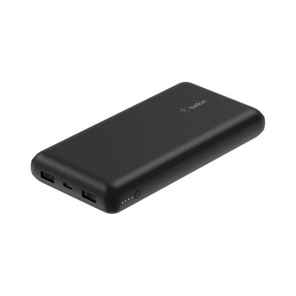 Power bank Belkin nera con due porte USB e quattro spie di carica.