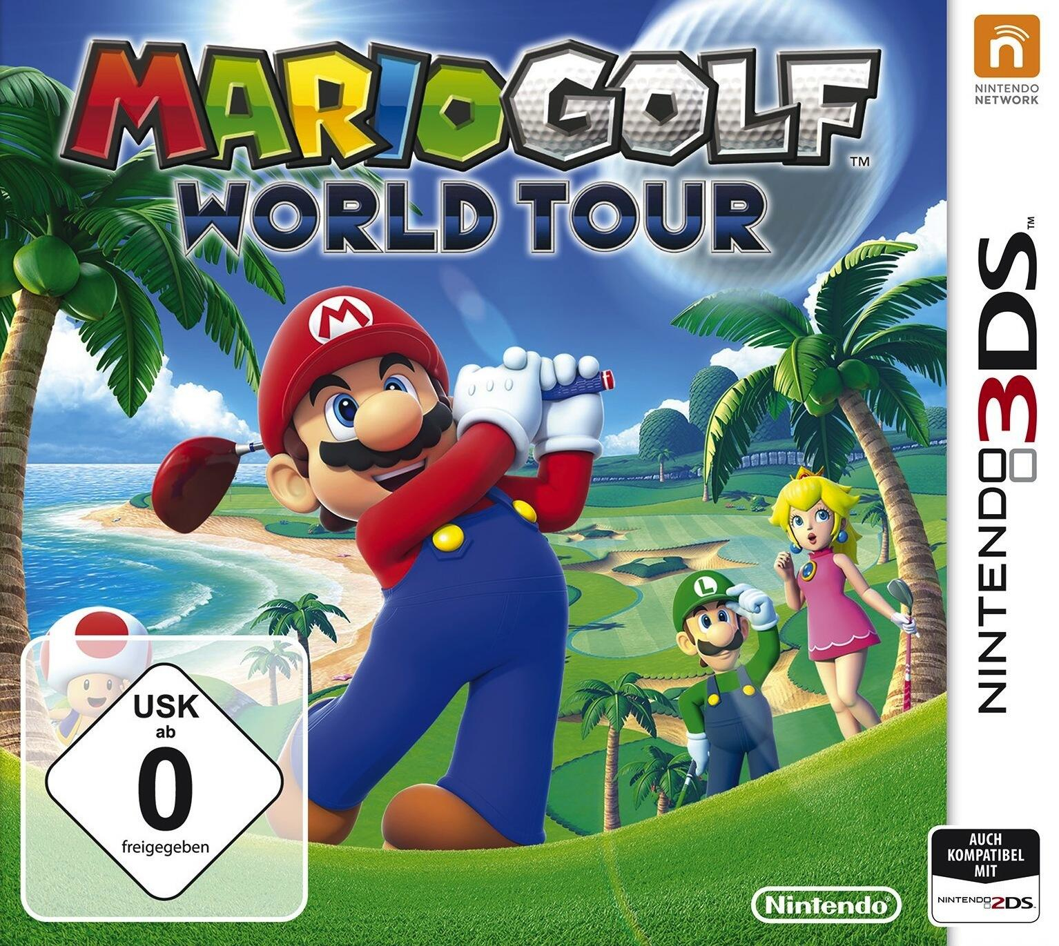 Mario Golf World Tour Cover: Mario, Luigi und Peach auf einem Golfplatz.