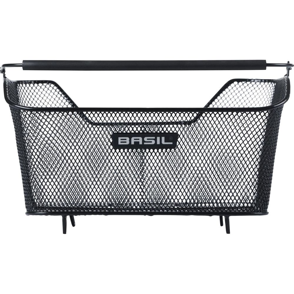 Cesta negra de malla metálica para bicicleta con asa y logo de Basil.