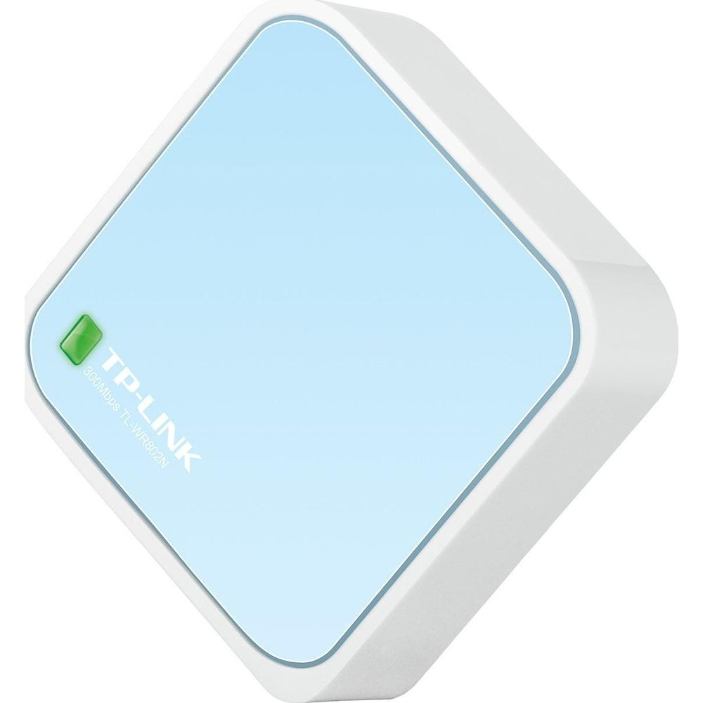Ein weißer TP-Link TL-WR802N 300Mbps Router mit hellblauer Oberseite.