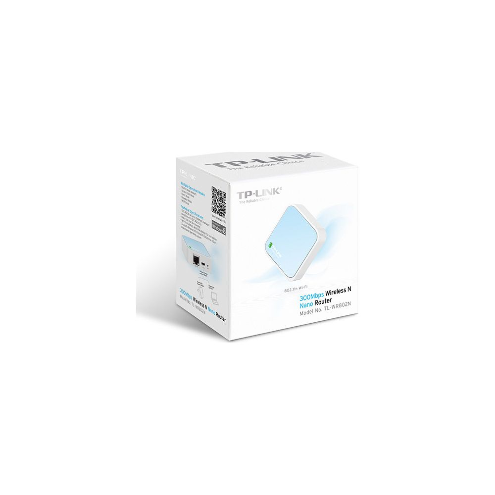 TP-Link Nano Router Verpackung mit Produktbild, Modell TL-WR802N.
