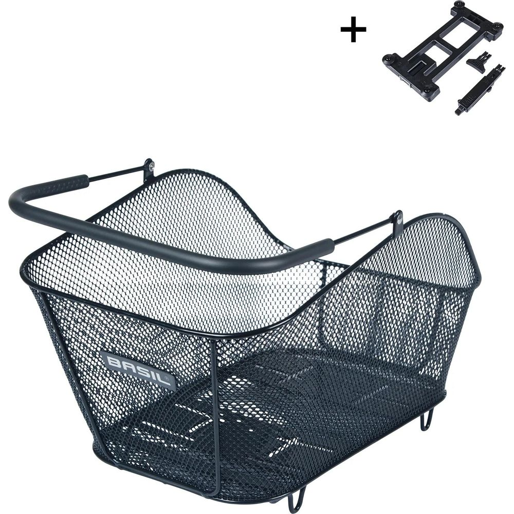 Cesta negra de malla metálica para bicicleta con asa y herrajes.