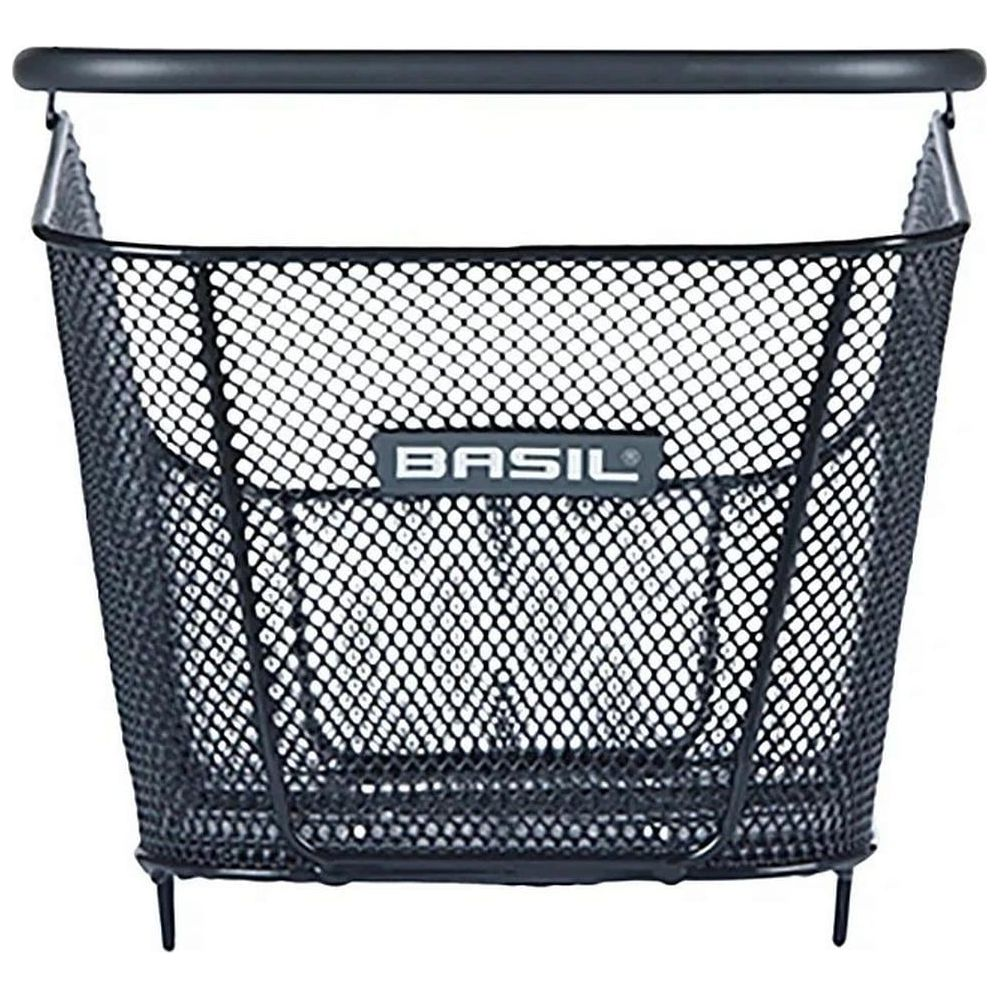 Cesta de bicicleta negra de malla de alambre con logo Basil.