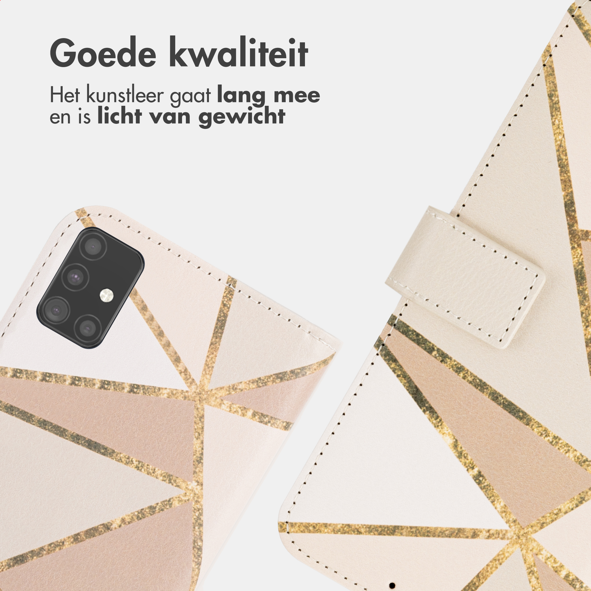 Image d'un design de coque de téléphone avec formes géométriques et paillettes.