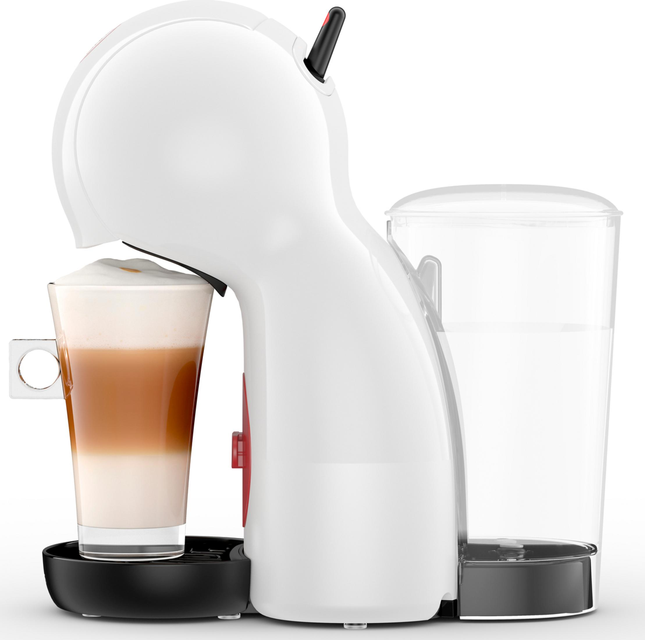 Macchina da caffè bianca con latte in bicchiere e serbatoio acqua.