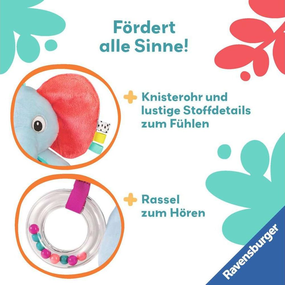 Ein blauer Elefant mit roten Ohren, Knisterrohr und Ringrassel mit Perlen.
