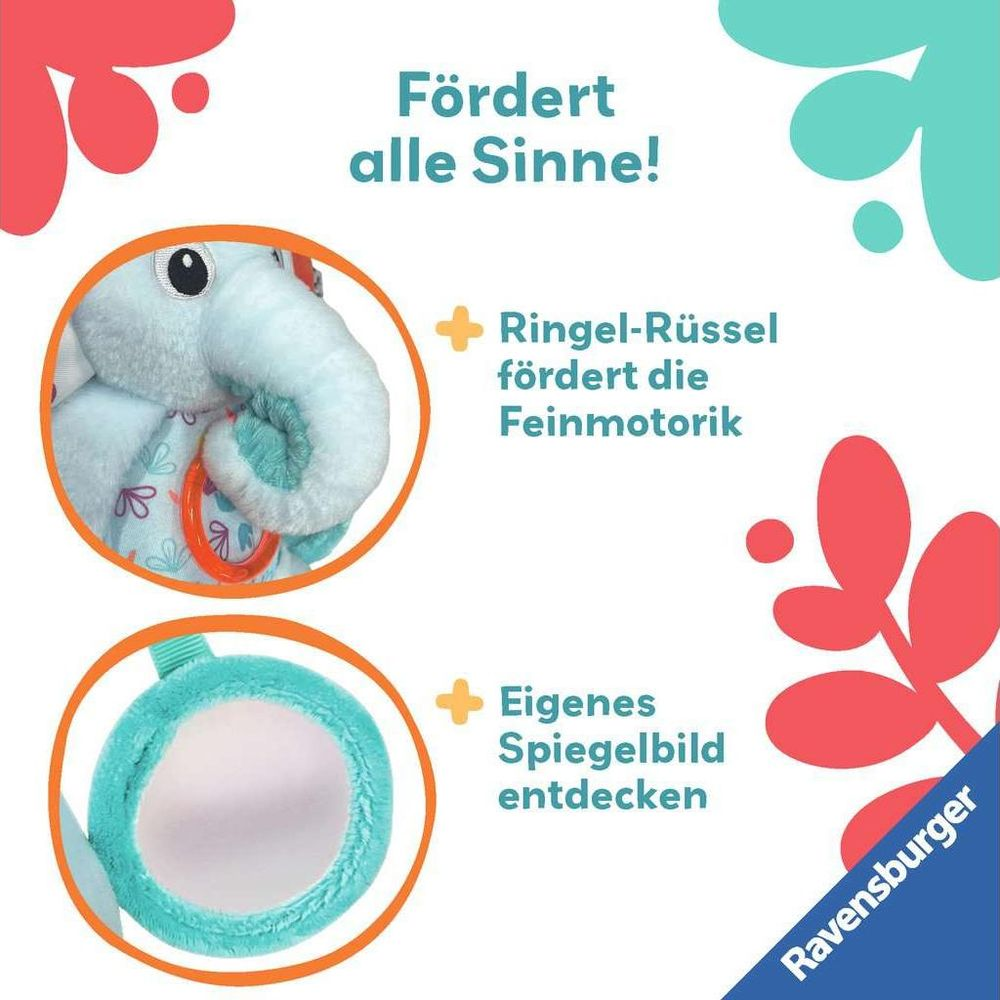 Ein blauer Elefant mit Rassel und Spiegel fördert alle Sinne.