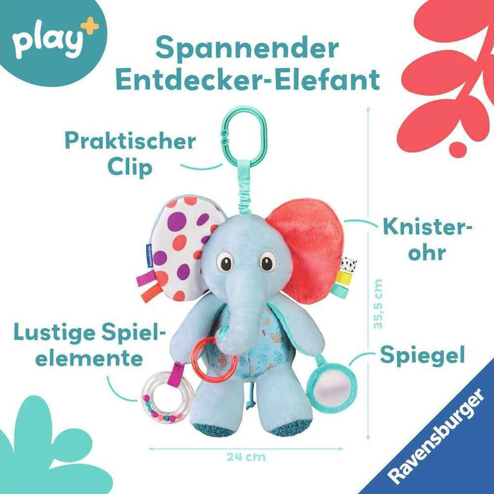Ein blauer Elefant Spielzeug mit lustigen Elementen, Maße 24x35,5 cm.