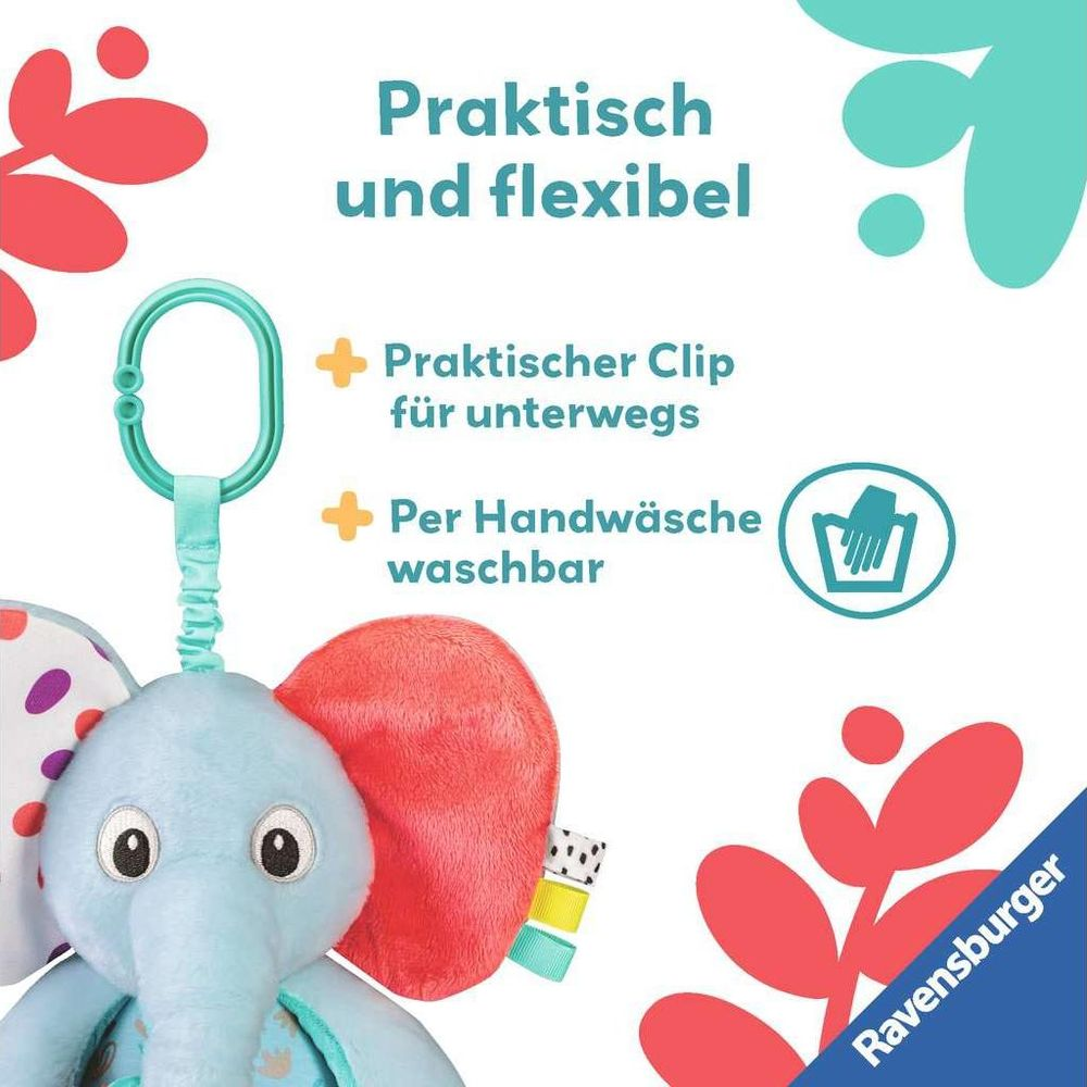 Ein Plüsch-Elefantenspielzeug in Blau mit Clip und Text über Praktikabilität und Waschbarkeit.