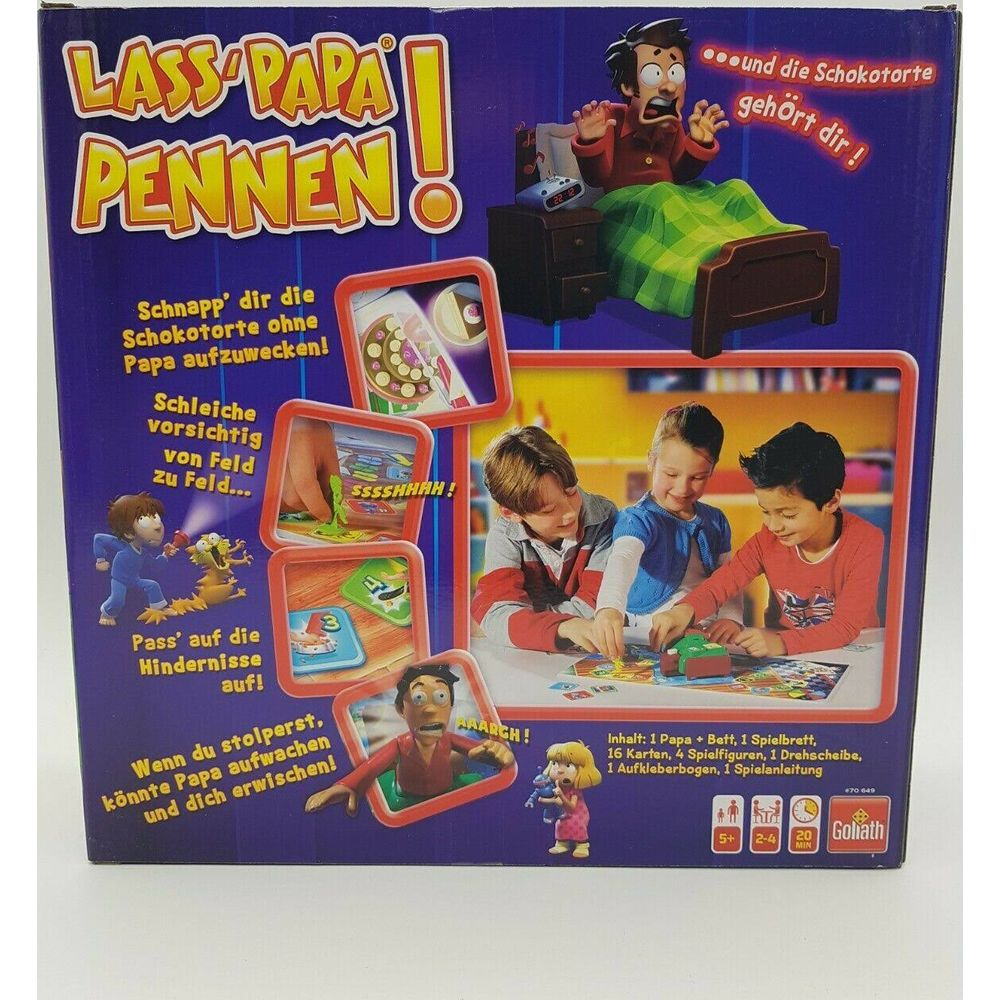 Brettspielcover: Kinder schleichen um einen schlafenden Papa, um eine Torte zu stehlen.