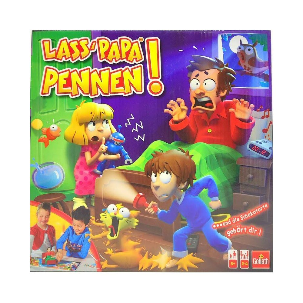 Eine bunte Spielschachtel mit einer Cartoon-Illustration von Kindern, die ihren Vater mit Taschenlampe und Spielzeug wecken.