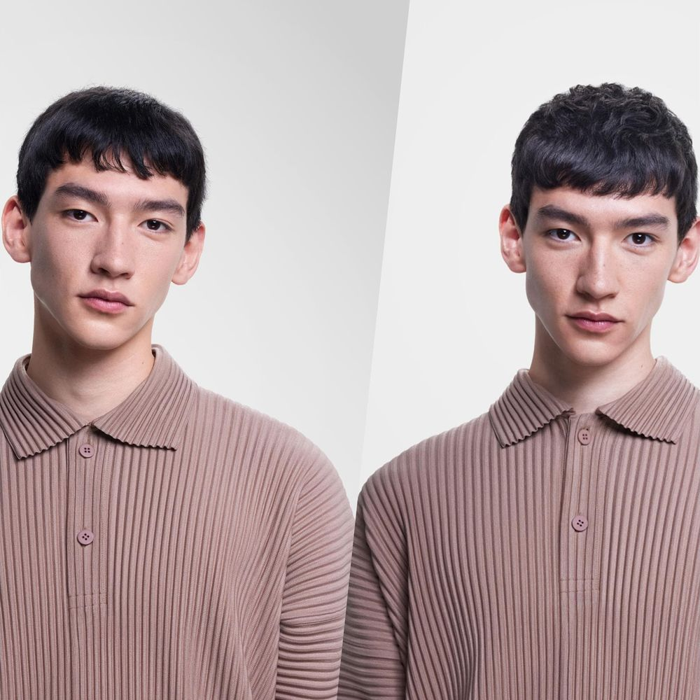 Deux vues d'un homme aux cheveux sombres portant un polo plissé beige.