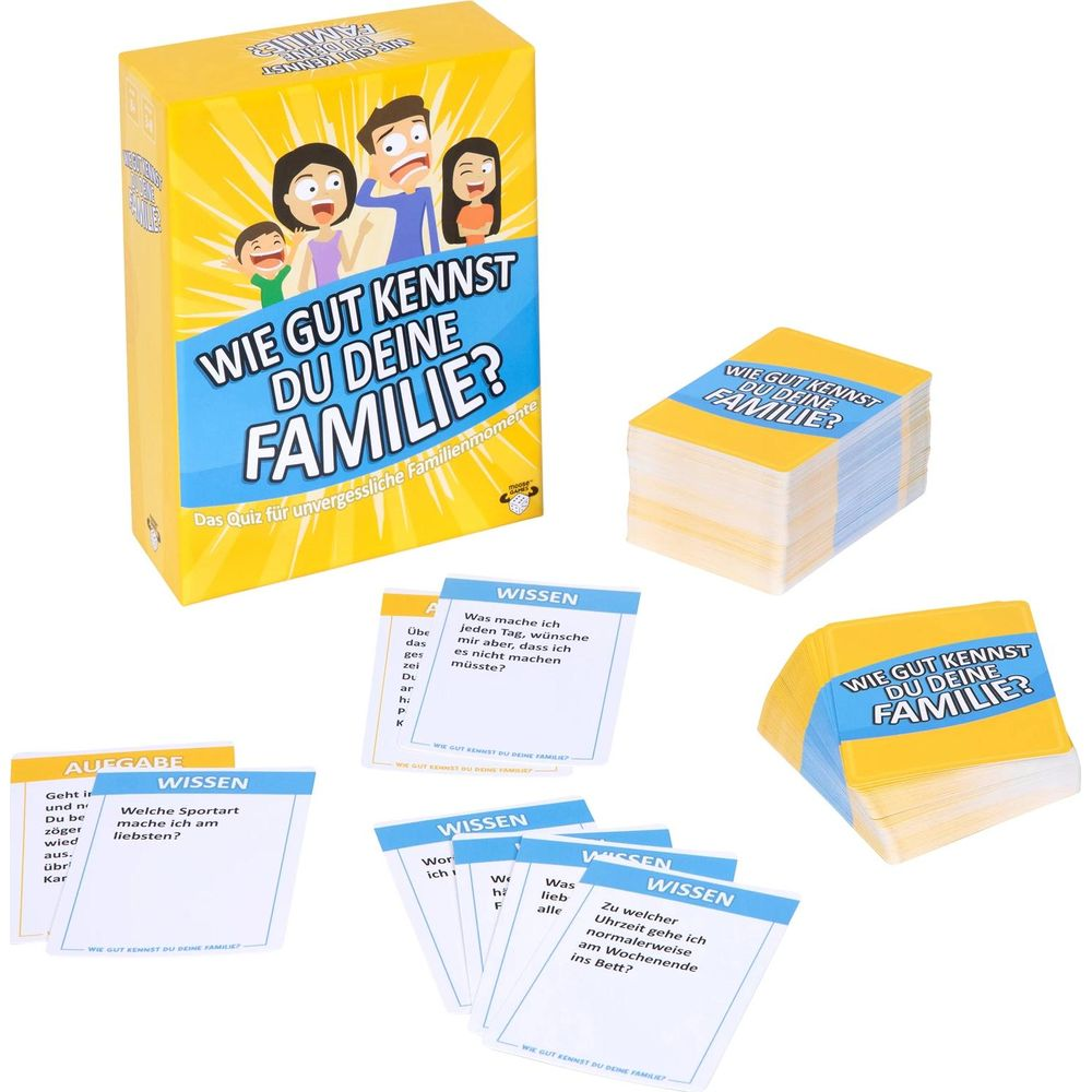 Ein Spiel namens 'Wie gut kennst du deine Familie?' mit Karten und Box.
