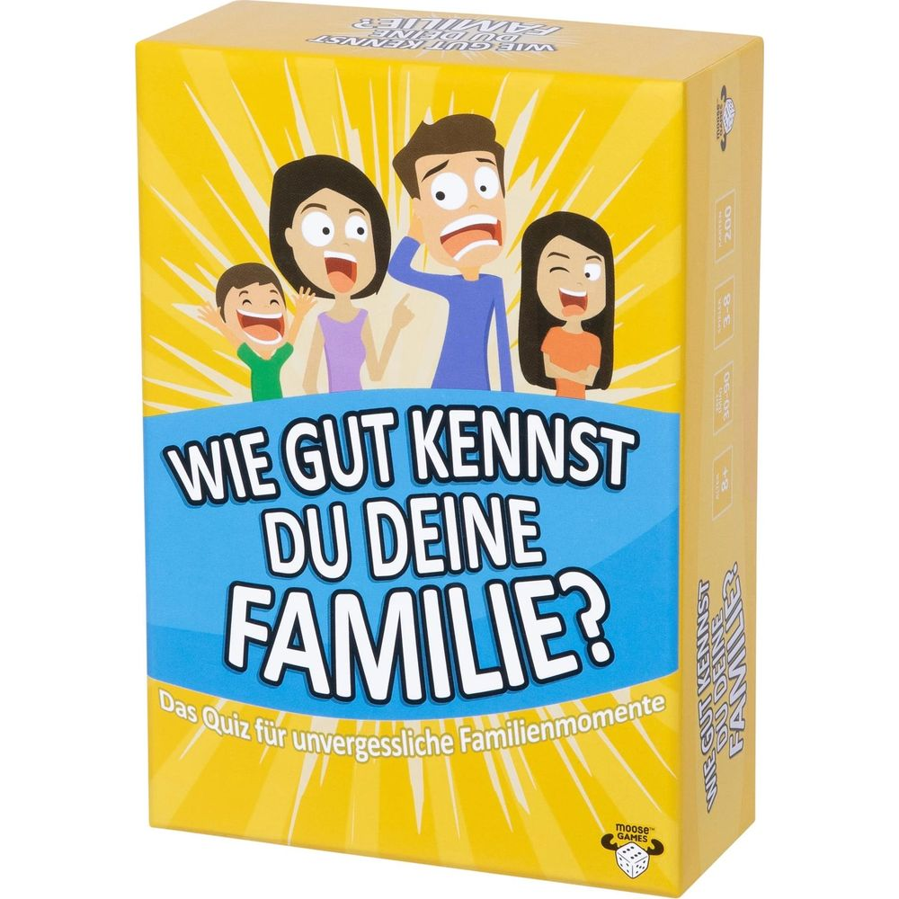 Verpackung des Spiels "Wie gut kennst du deine Familie?" mit Comic-Familie.