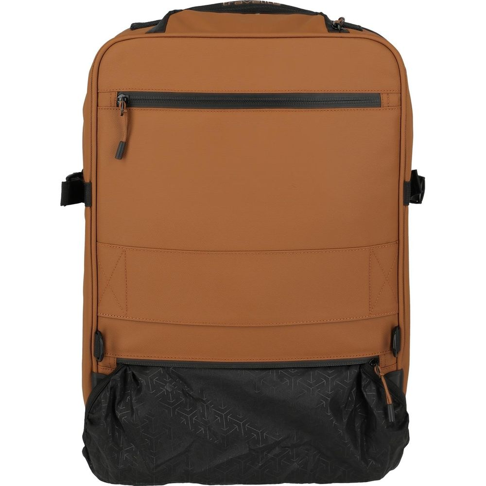 Ein brauner Rucksack mit schwarzen Reißverschlüssen und einem schwarzen Musterfach.
