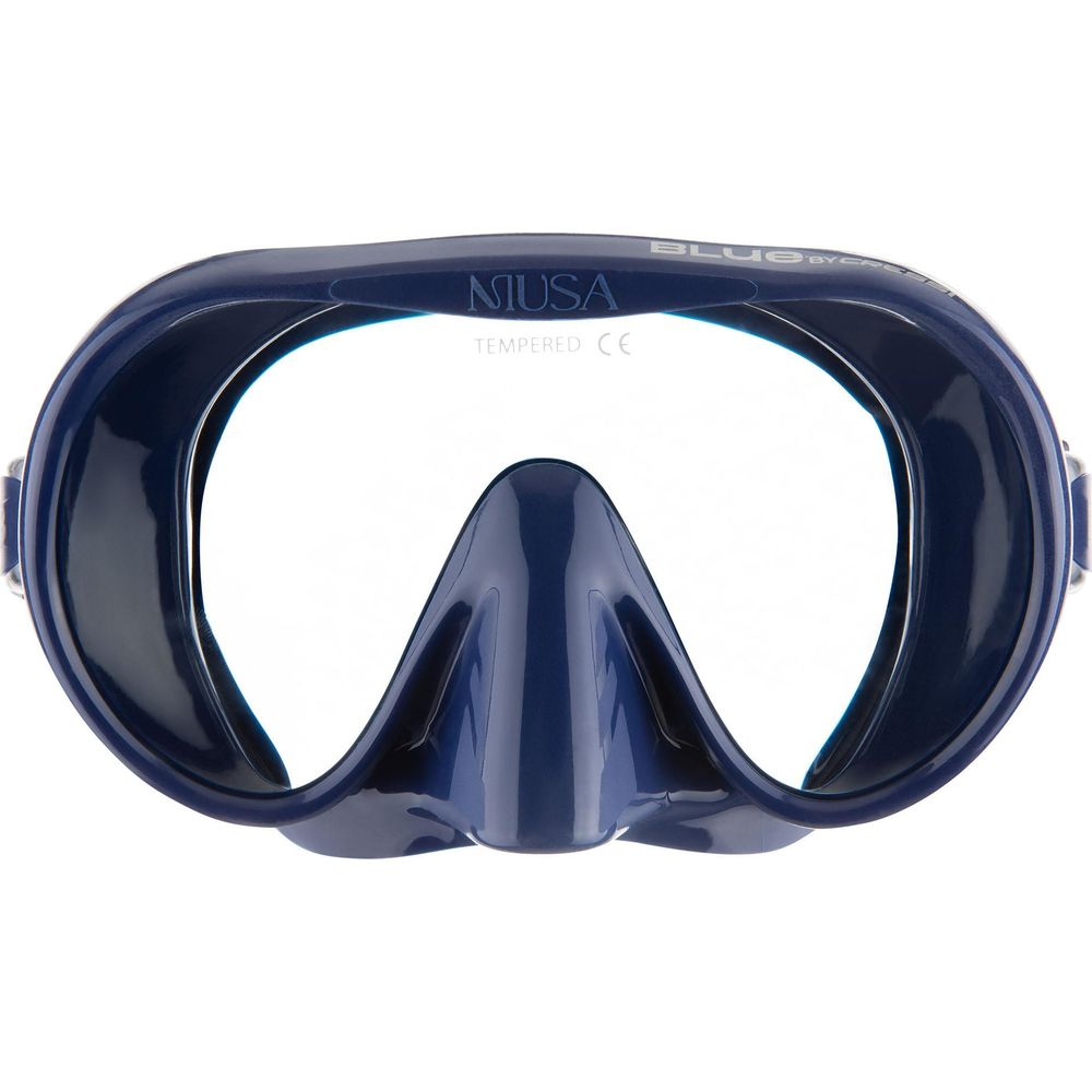Dunkelblaue Tauchmaske mit klarem Glas und integriertem Nasenteil.