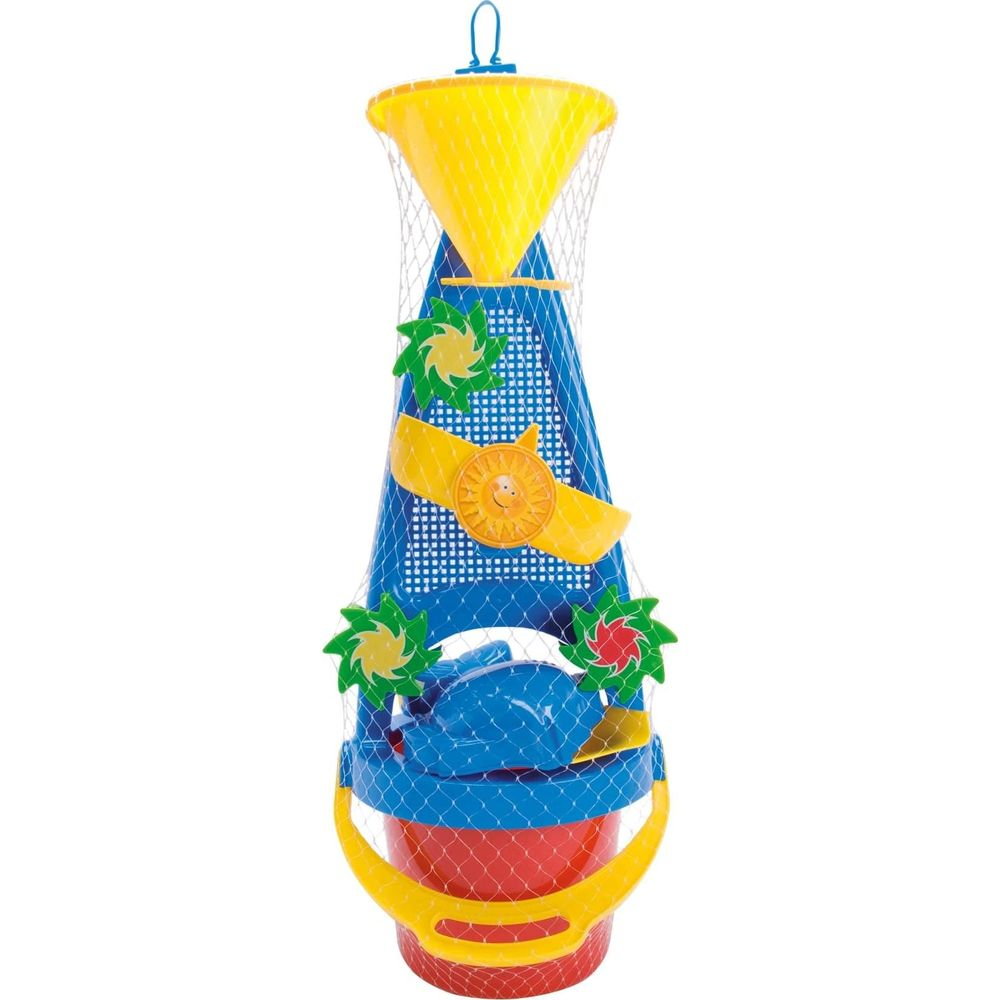 Ein farbenfrohes Wasserspielzeug aus Kunststoff mit einem gelben Trichter, einem blauen Sieb und einem roten Eimer.
