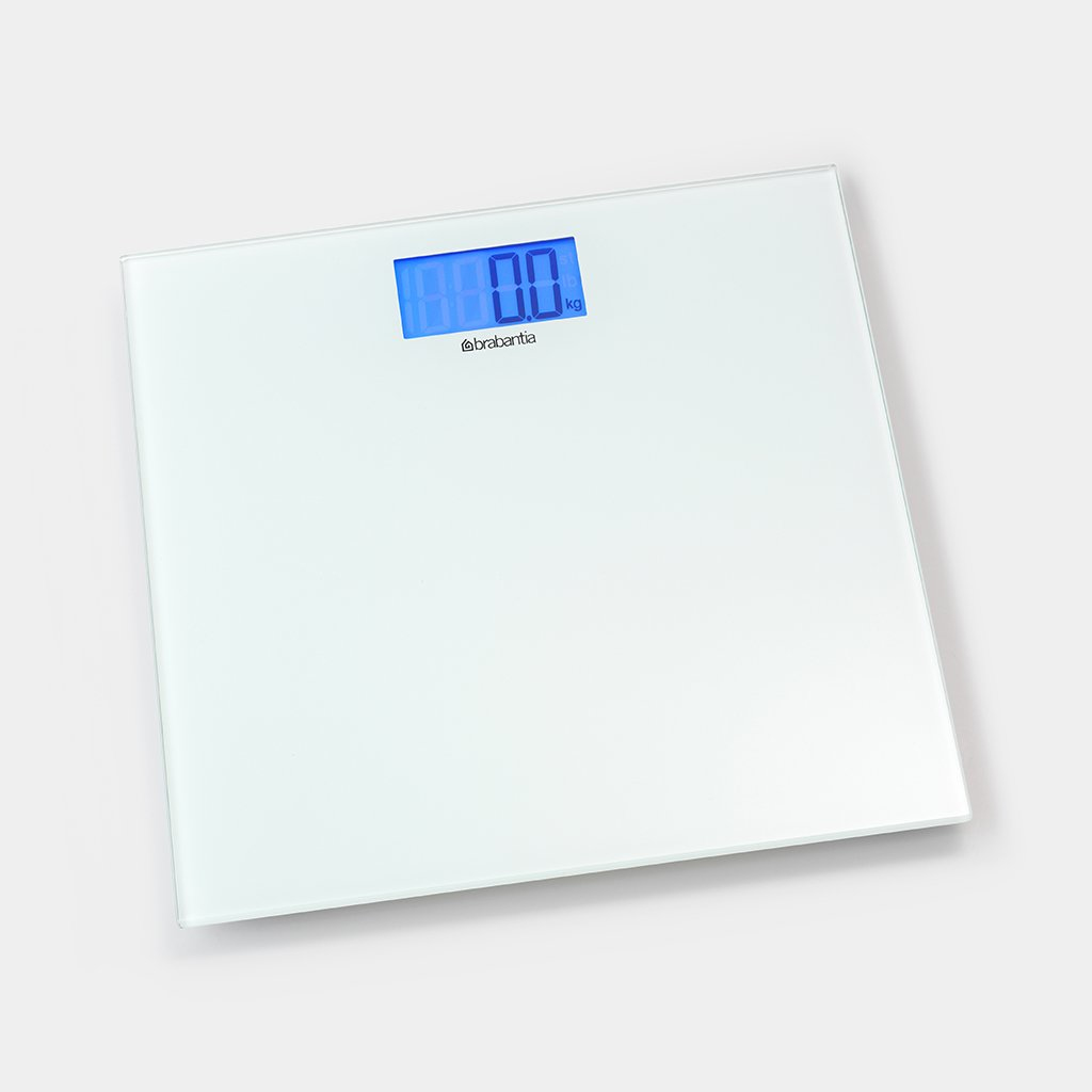 Weiße digitale Personenwaage mit blauem Display, das 0,0 kg anzeigt.
