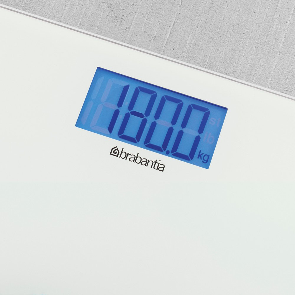 Digitale Personenwaage zeigt 180.0 kg an, mit Brabantia-Logo.