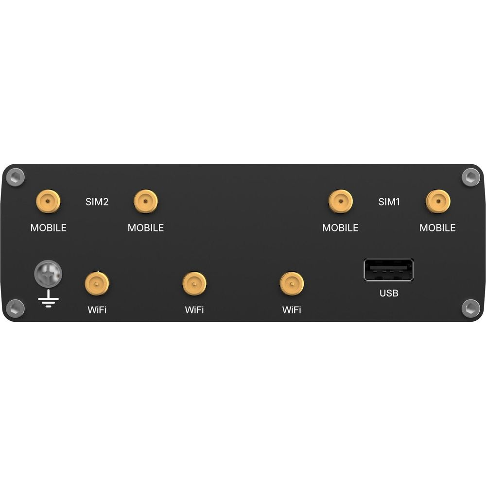 Schwarzes Gerät mit Anschlüssen: SIM2, 4x MOBILE, Masse, 3x WiFi, SIM1, USB.