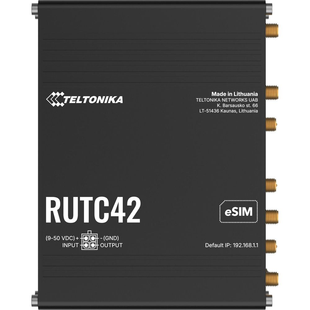 Schwarzer Teltonika RUT955 LTE-Router mit 'RUTC42' und 'eSIM'-Aufschrift. Ein-/Ausgangsanschlüsse.