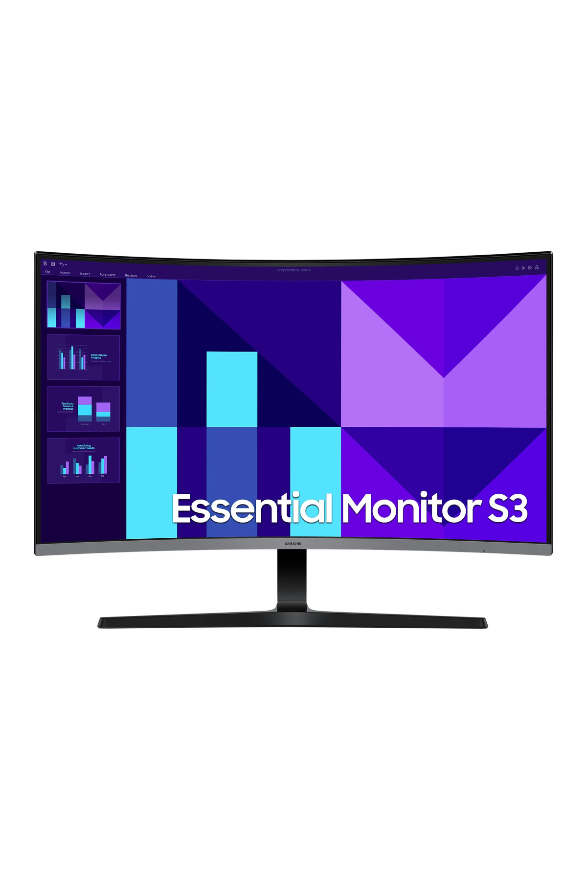 Un monitor curvo Samsung muestra una presentación con gráficos y texto.