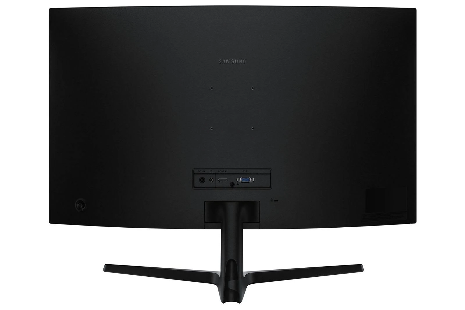 Vista posterior de un monitor Samsung negro con puertos y soporte.
