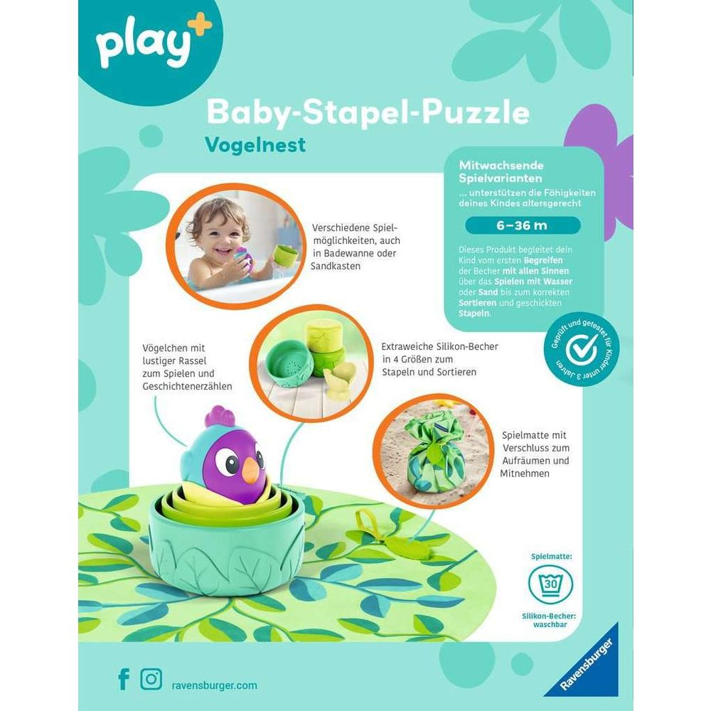 Baby-Stapel-Puzzle Vogelnest mit Bechern, Spielmatte und Baby.