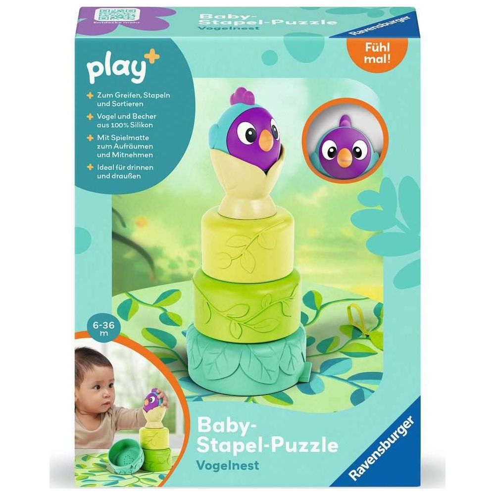 Baby-Stapel-Puzzle Vogelnest von Ravensburger mit lila Vogel und grünen Bechern.